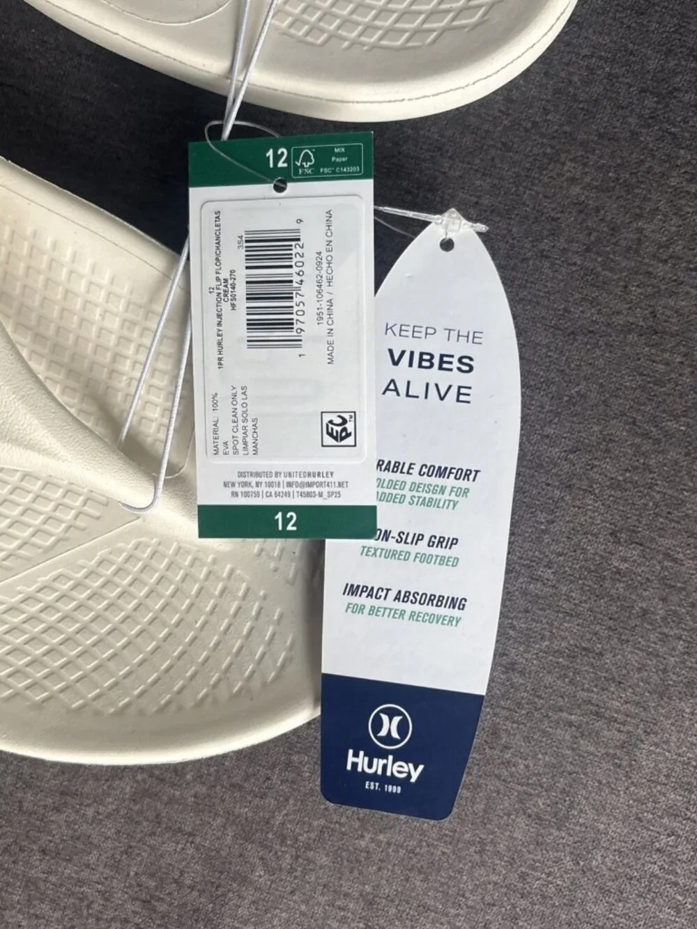 Hurley Men's Injection Flip-Flop Size 12 Cream New With Tags Summer Beach Sandal